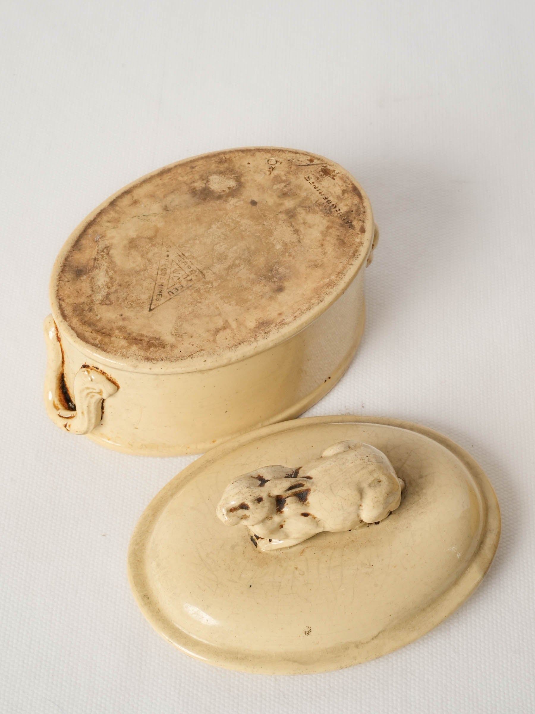 Petite French Ironstone Terrine with Rabbit Finial c1920 - Yellow