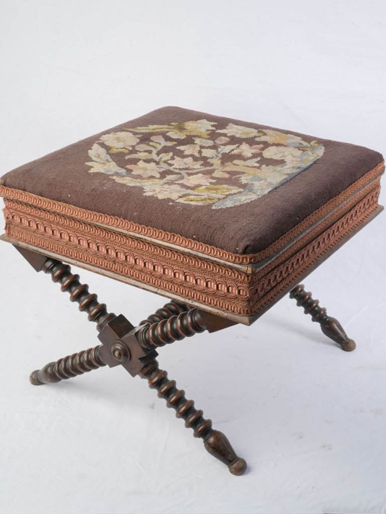 Rustic aged needlepoint accent chair  