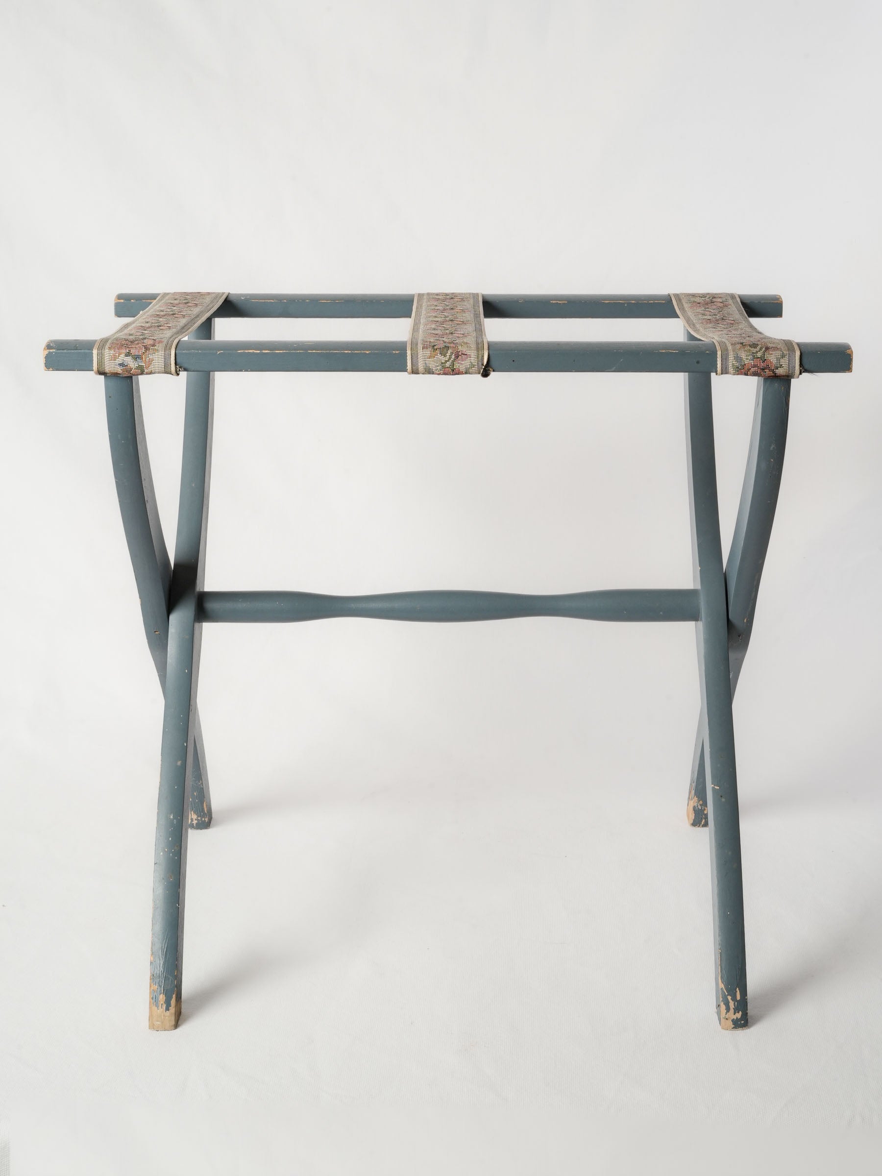 Vintage Wooden Folding Suitcase Stand w/ Blue Gray Paint & Floral Straps