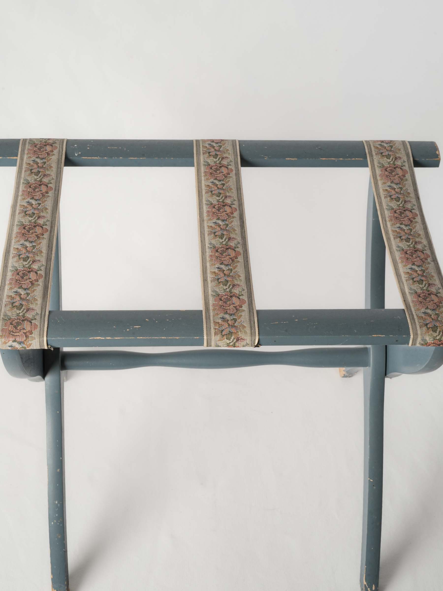 Vintage Wooden Folding Suitcase Stand w/ Blue Gray Paint & Floral Straps