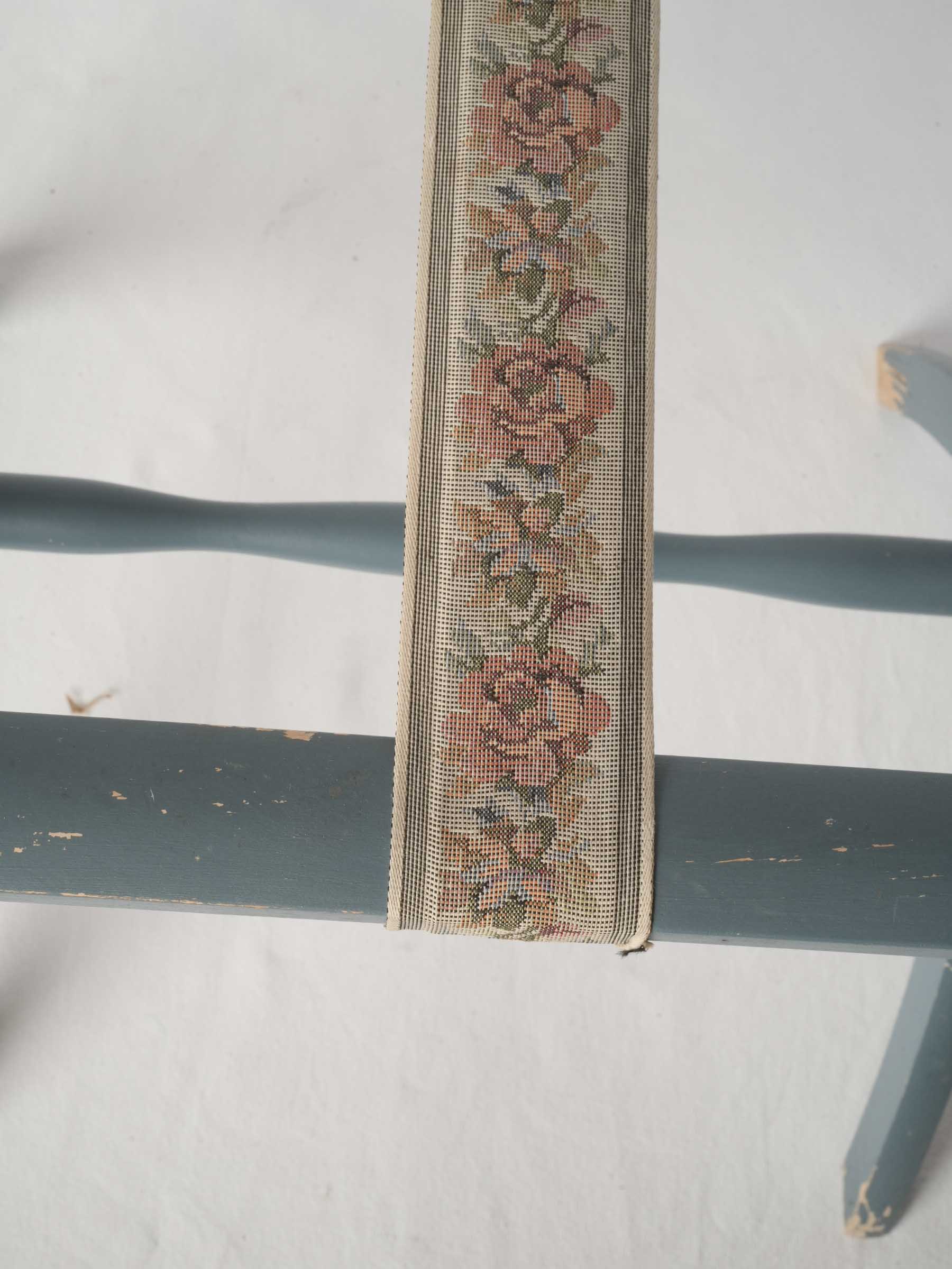 Vintage Wooden Folding Suitcase Stand w/ Blue Gray Paint & Floral Straps