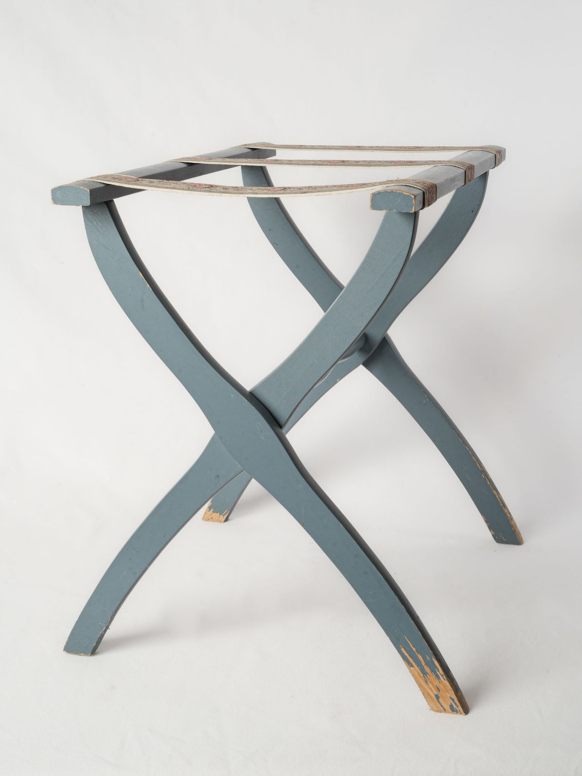 Vintage Wooden Folding Suitcase Stand w/ Blue Gray Paint & Floral Straps