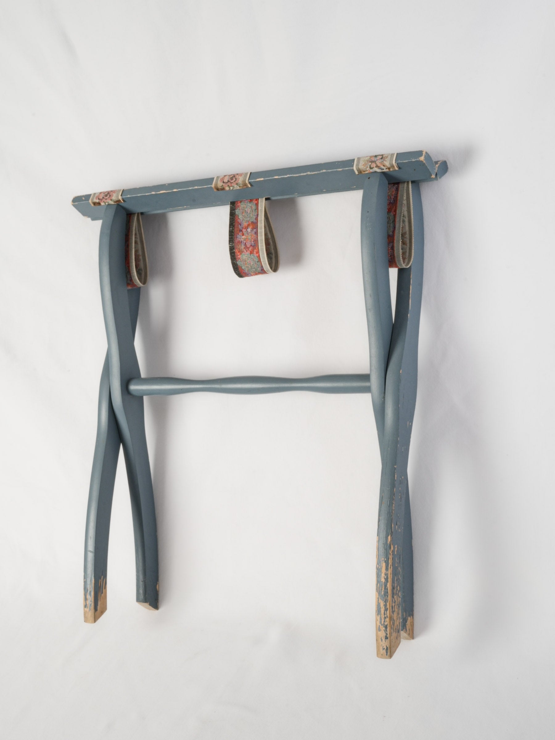 Vintage Wooden Folding Suitcase Stand w/ Blue Gray Paint & Floral Straps