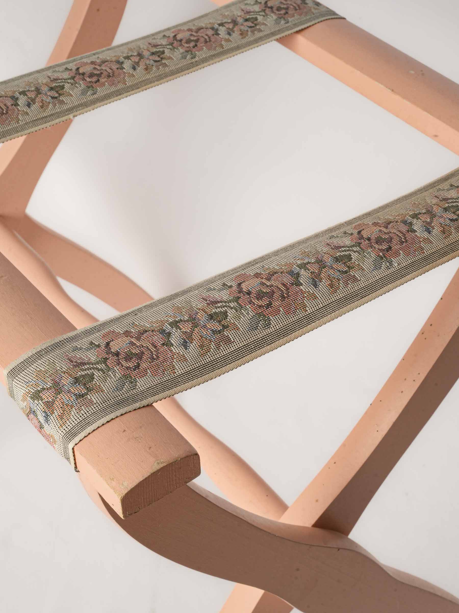 Vintage Wooden Folding Suitcase Stand w/ Floral Straps - Pink