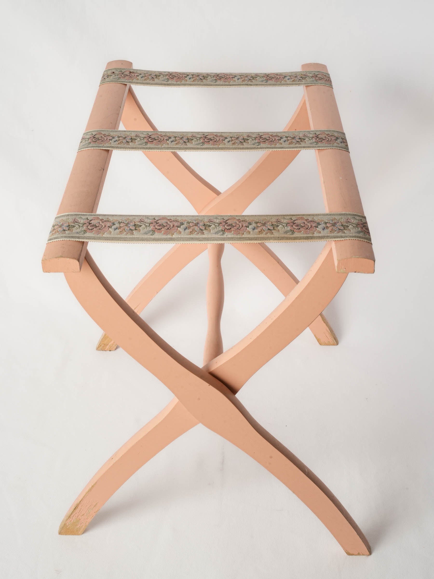 Vintage Wooden Folding Suitcase Stand w/ Floral Straps - Pink