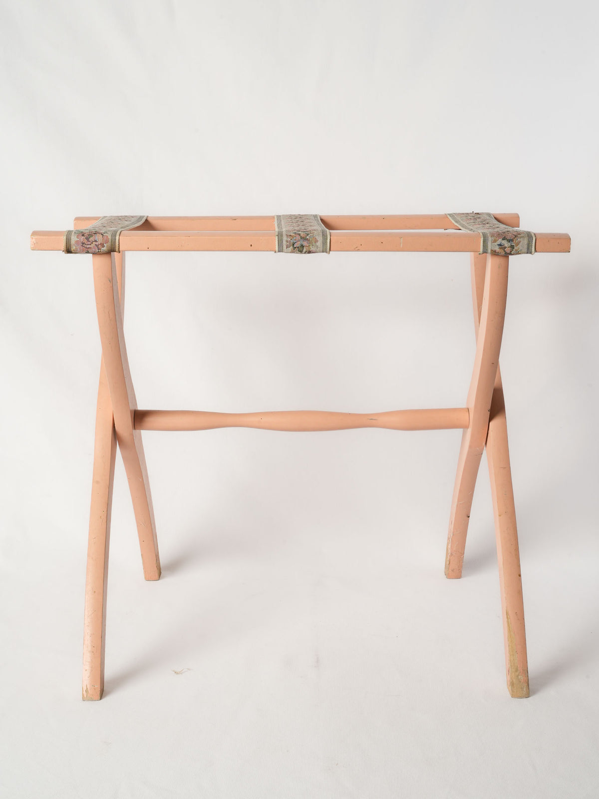 Vintage Wooden Folding Suitcase Stand w/ Floral Straps - Pink