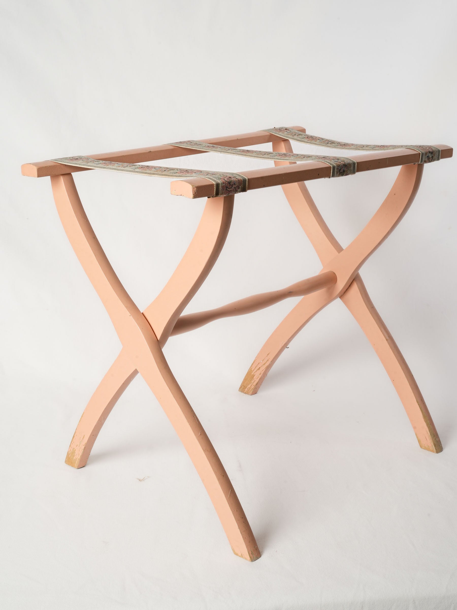 Vintage Wooden Folding Suitcase Stand w/ Floral Straps - Pink