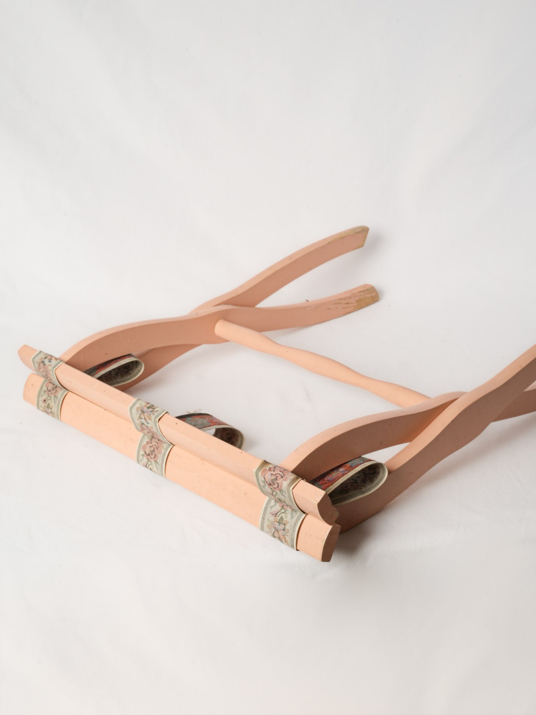 Vintage Wooden Folding Suitcase Stand w/ Floral Straps - Pink