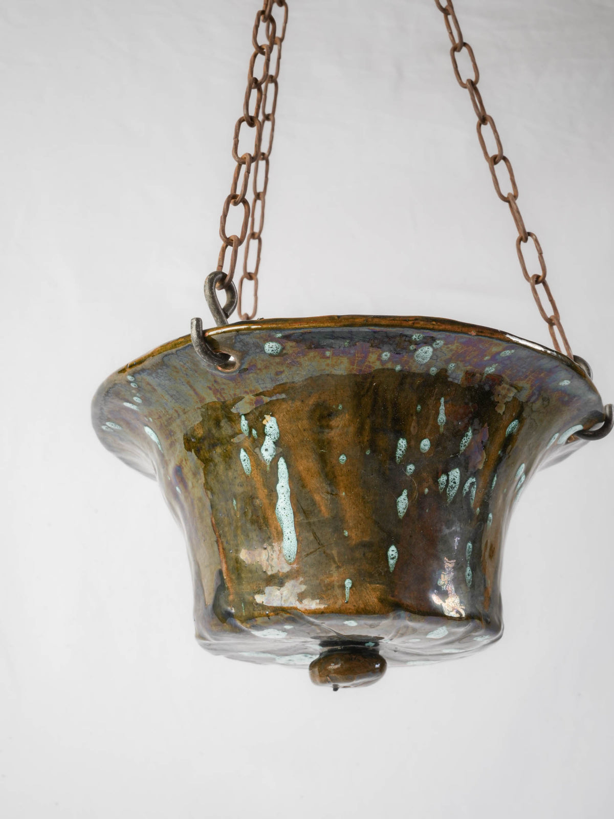 Vintage Artisan Hanging Ceramic Planter with Turquoise-Speckled Brown Glaze