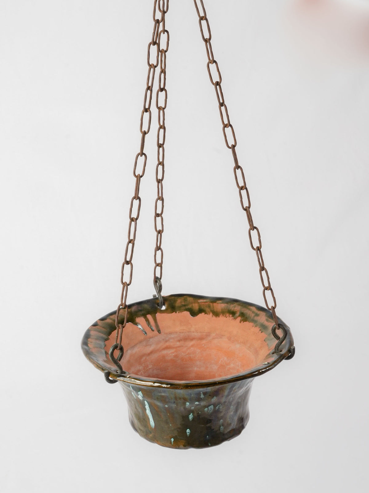 Vintage Artisan Hanging Ceramic Planter with Turquoise-Speckled Brown Glaze