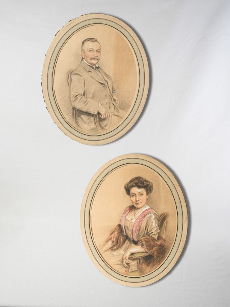 Pair of Belle Époque Crayon and Pastel Portraits by Jules Cayron - 28¾" x 23¼"