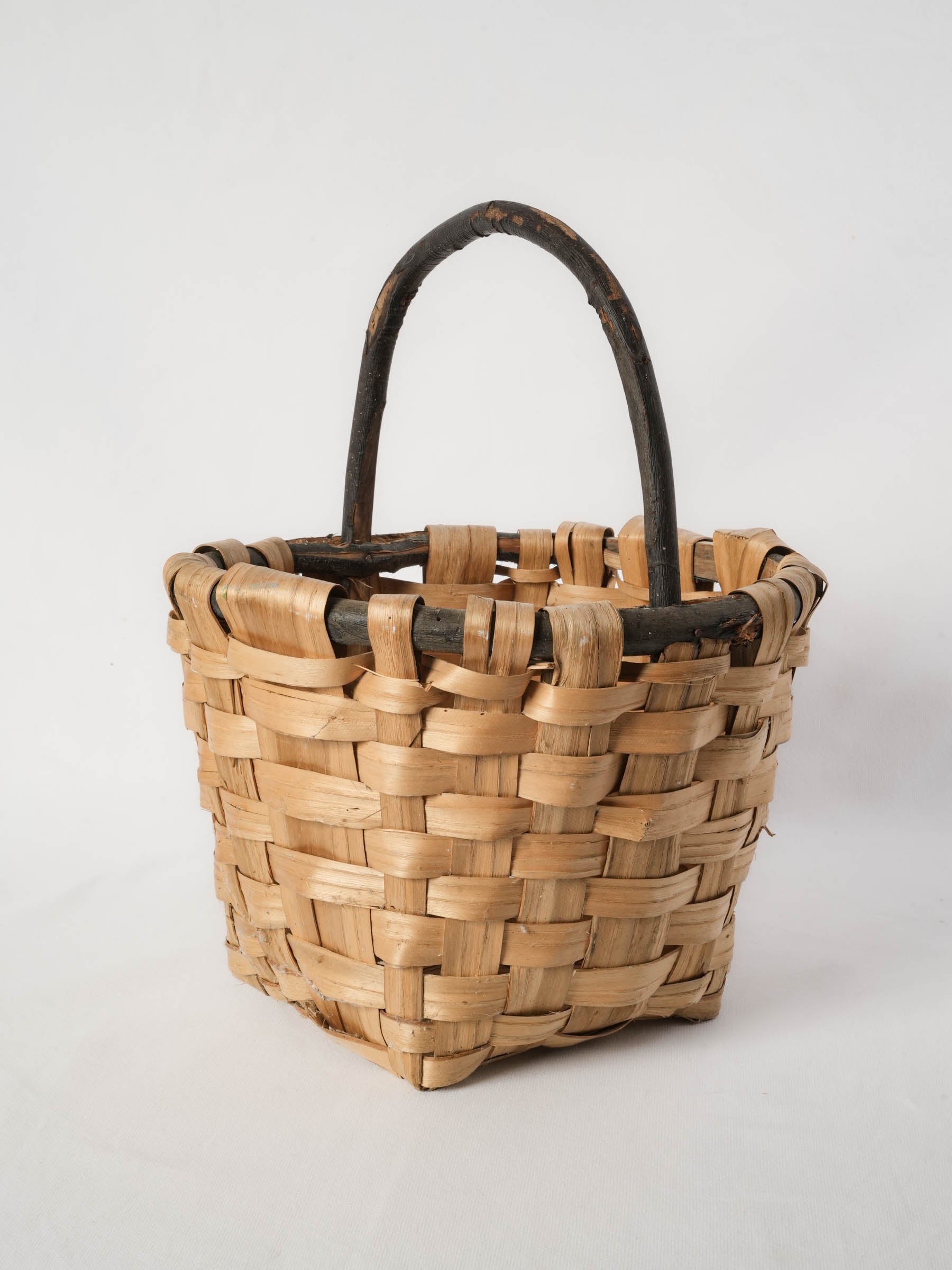 Woven Reed Harvest Basket with Dark Wood Handle
