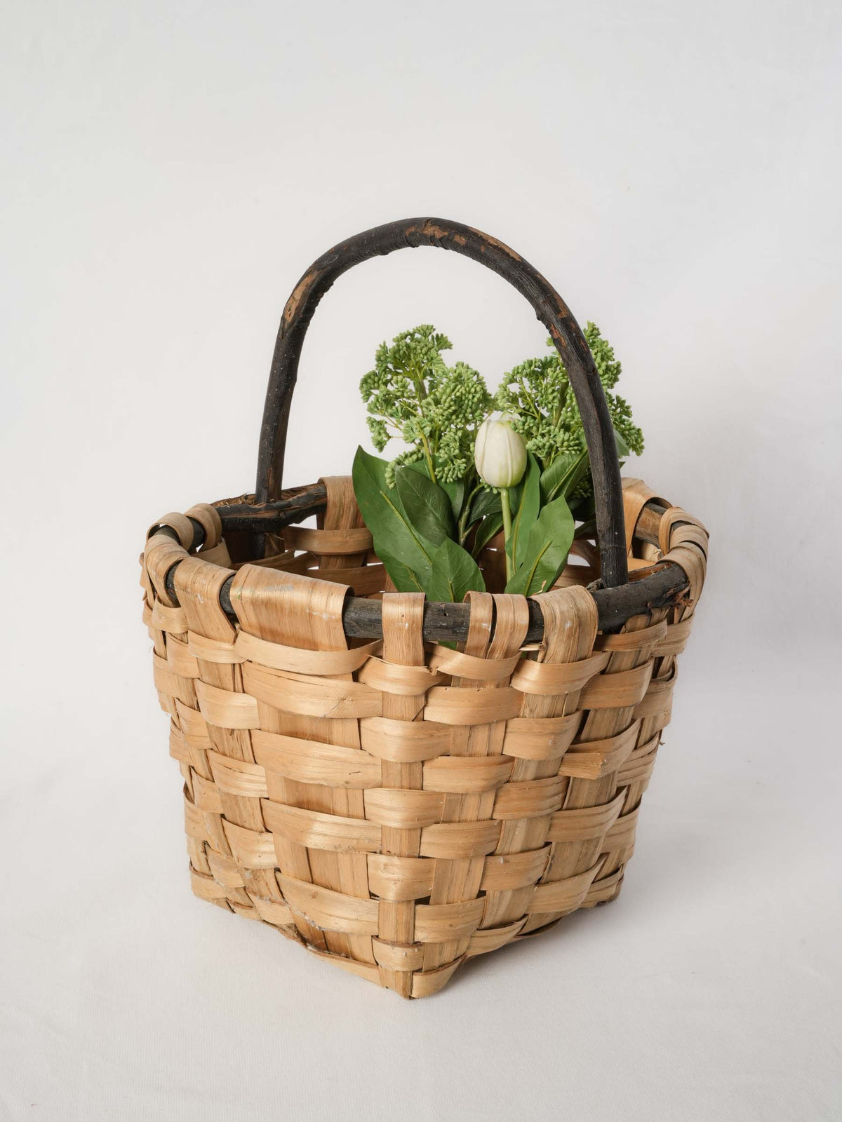 Woven Reed Harvest Basket with Dark Wood Handle
