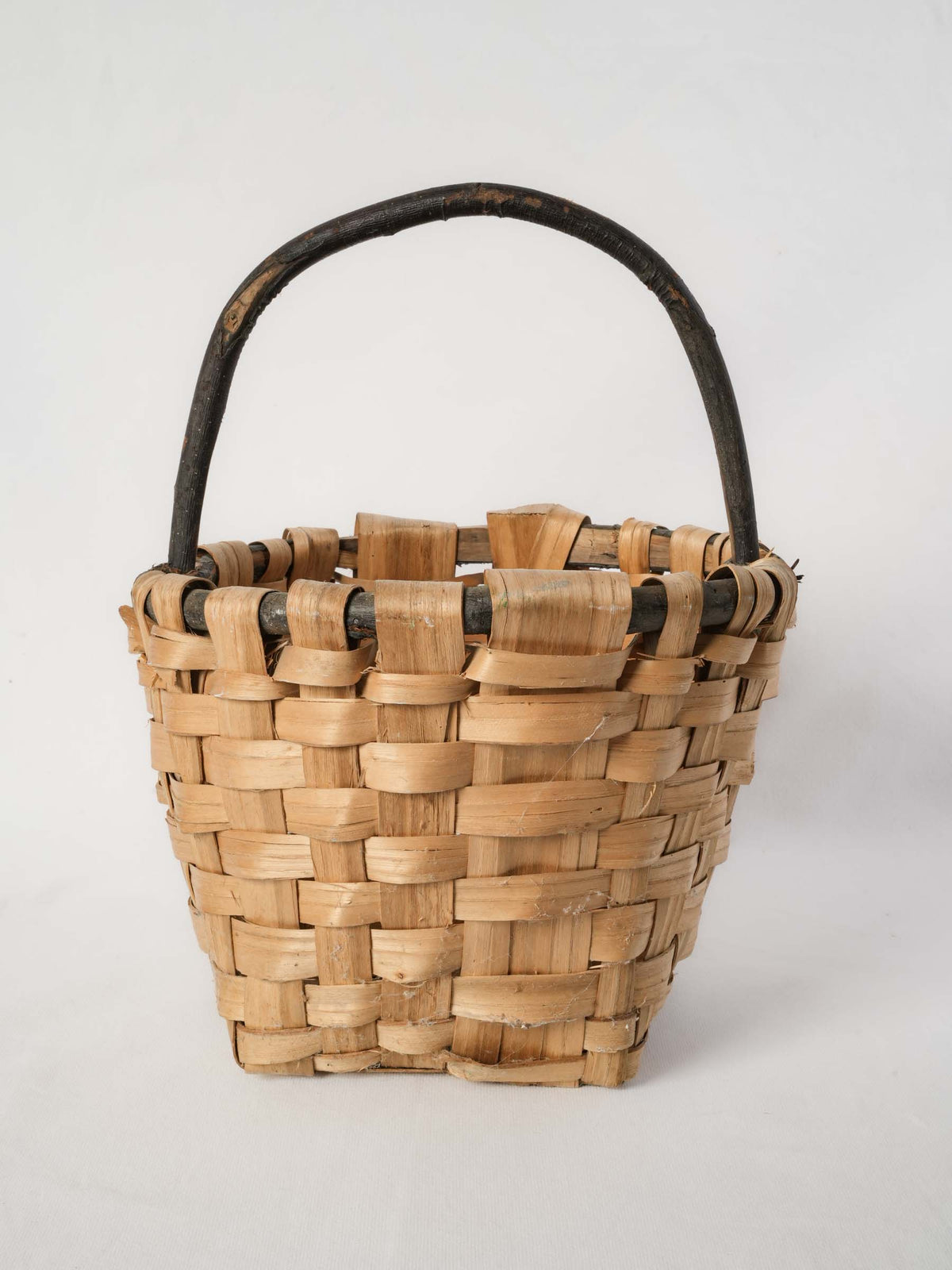 Woven Reed Harvest Basket with Dark Wood Handle