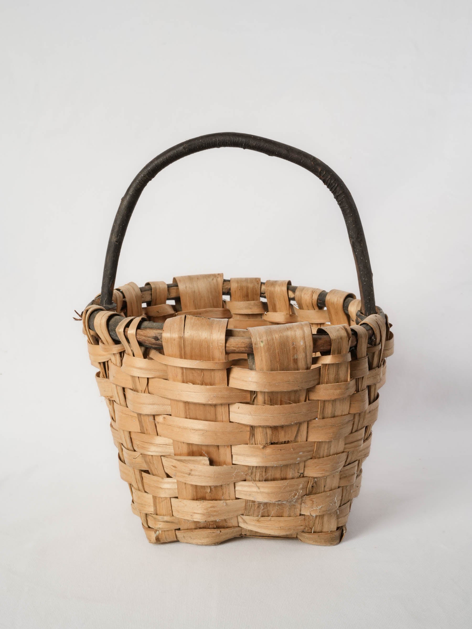 Woven Reed Harvest Basket with Dark Wood Handle