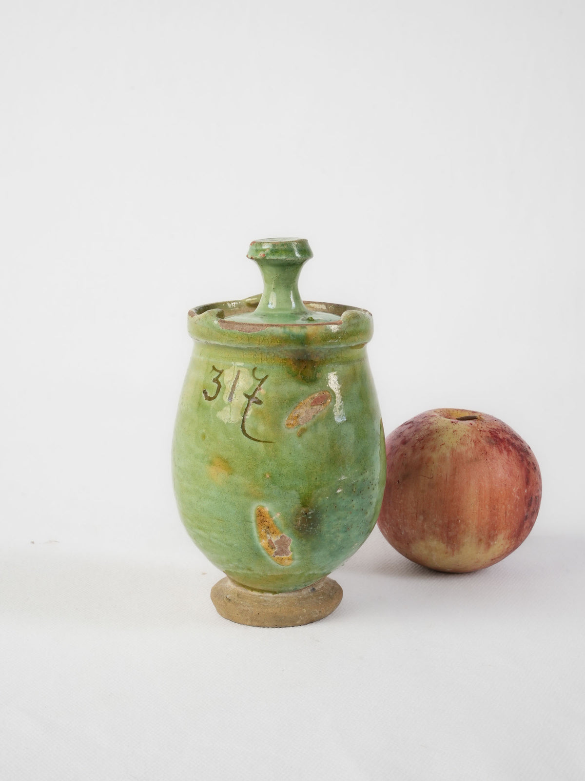 Antique French Green-Glazed Pot w/ Fitted Lid and Handwritten Markings - 6¼"