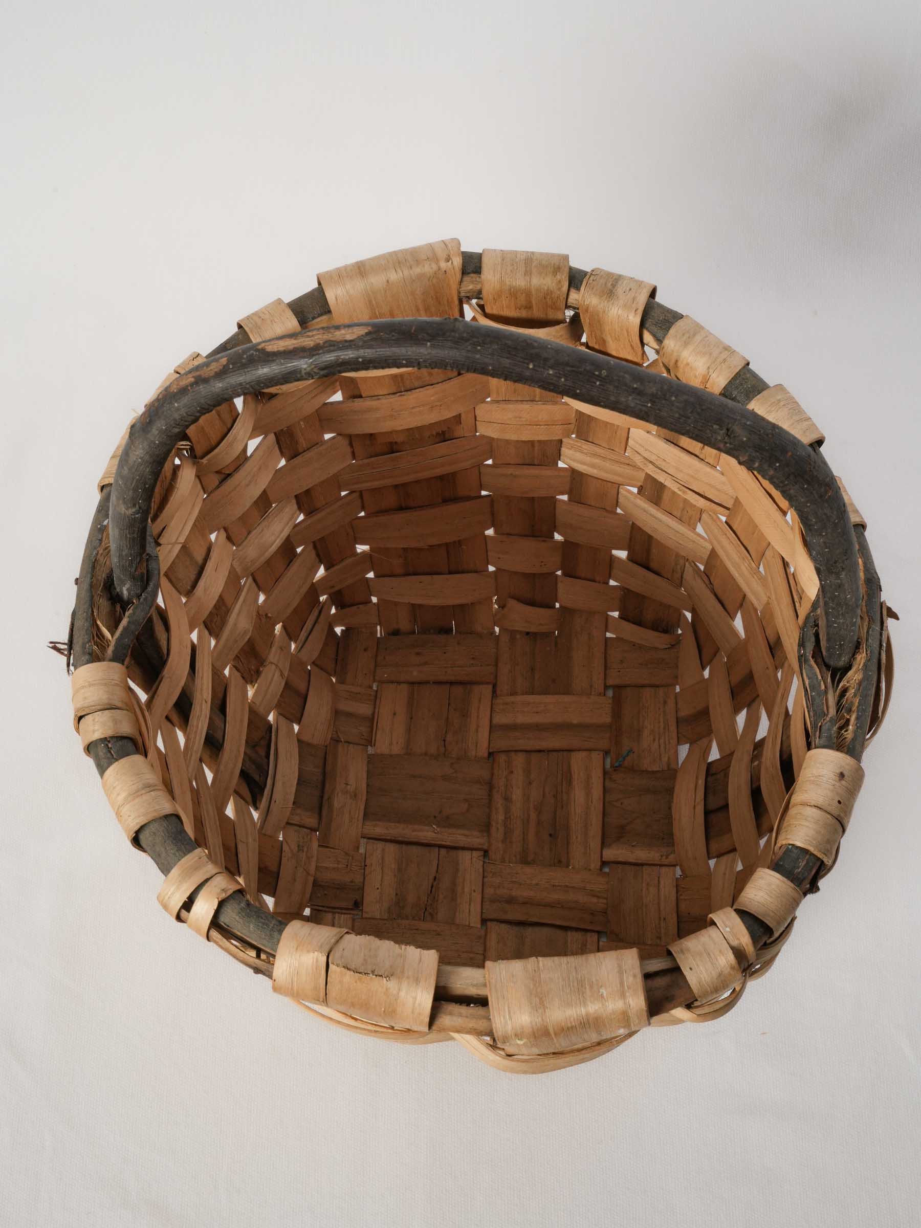Woven Reed Harvest Basket with Dark Wood Handle