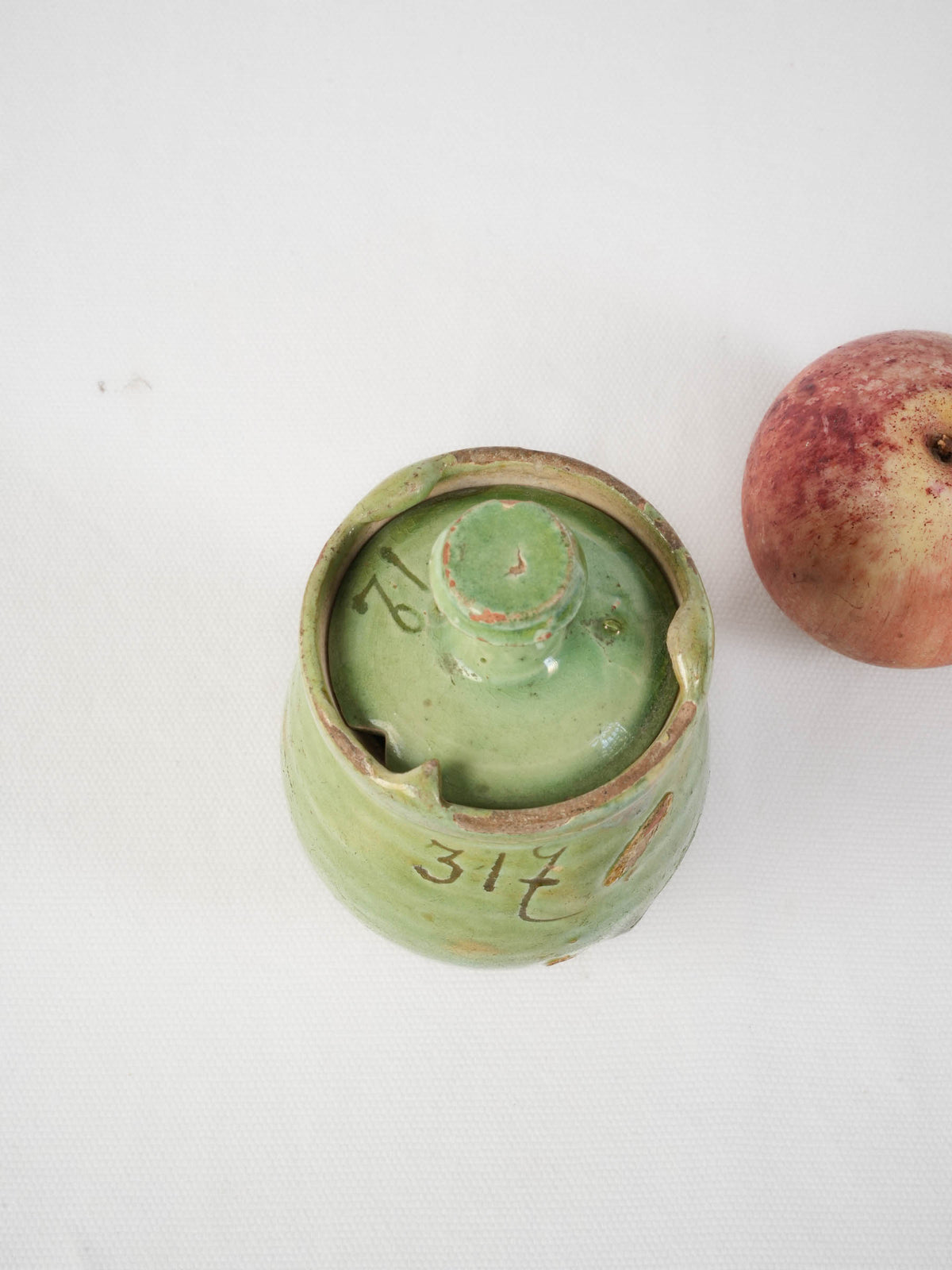 Antique French Green-Glazed Pot w/ Fitted Lid and Handwritten Markings - 6¼"