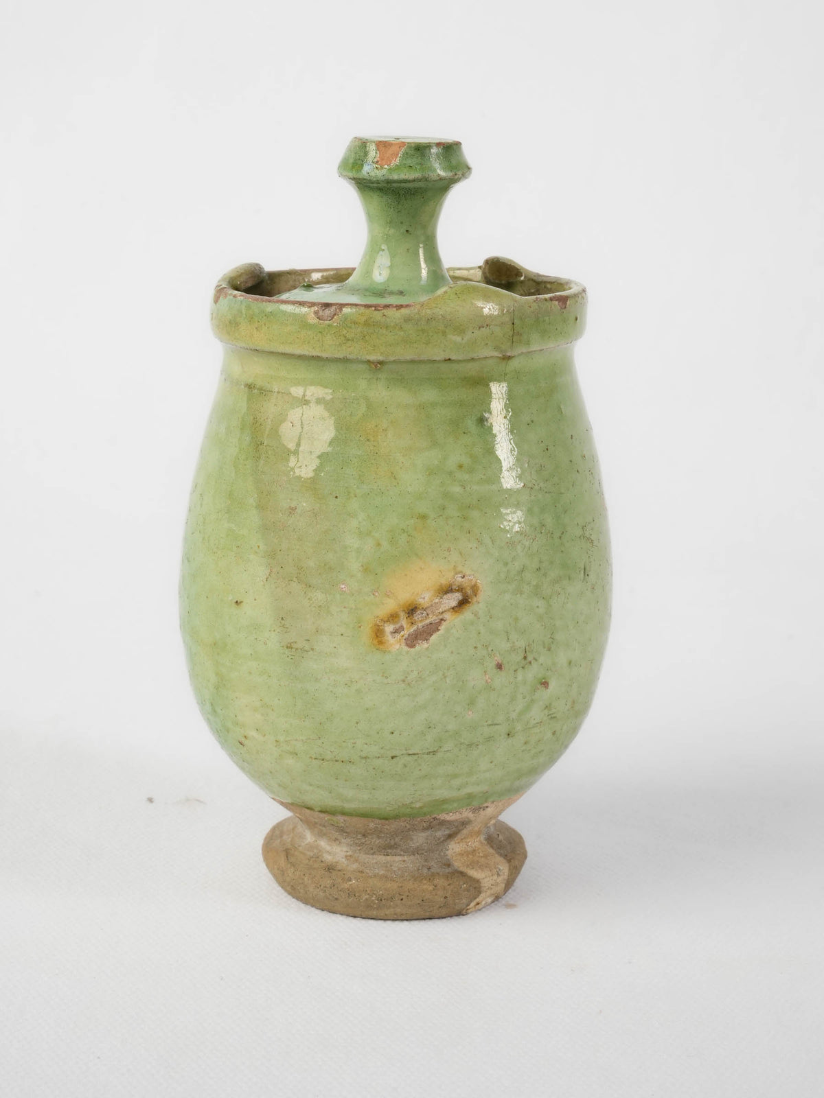 Antique French Green-Glazed Pot w/ Fitted Lid and Handwritten Markings - 6¼"