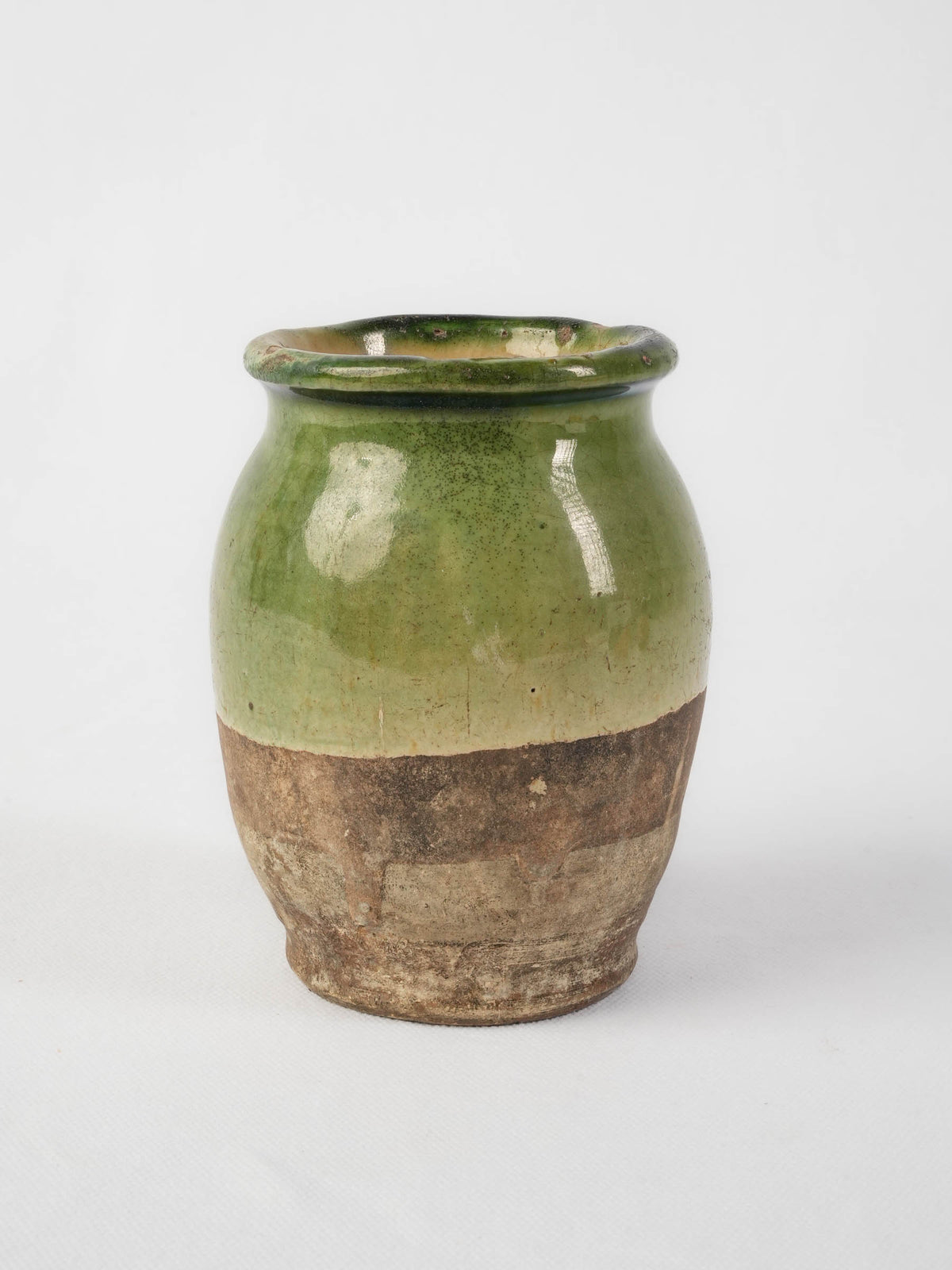 Small Antique French Confit Pot, Half-Glazed in Olive Green  - 5½"