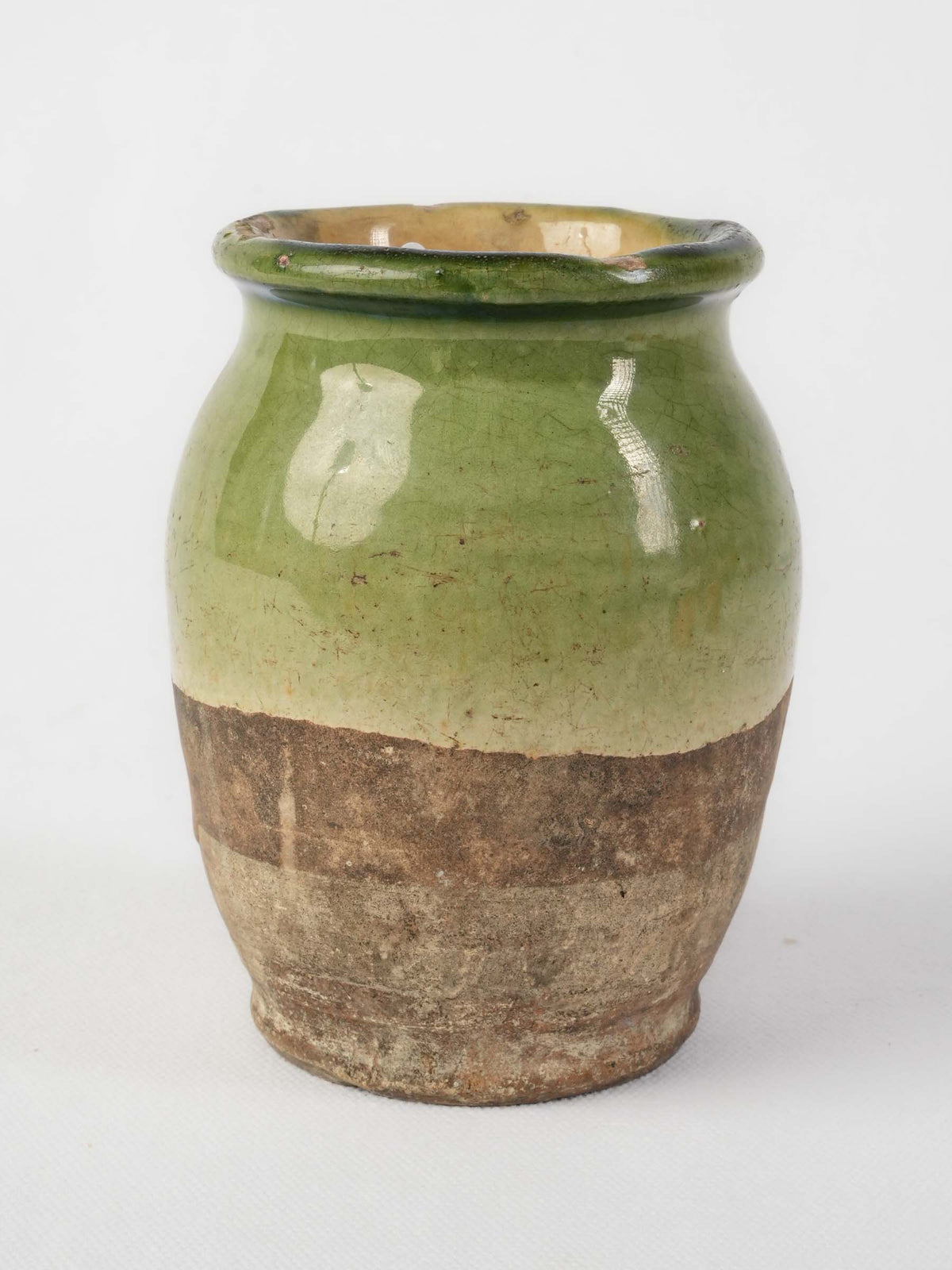 Small Antique French Confit Pot, Half-Glazed in Olive Green  - 5½"