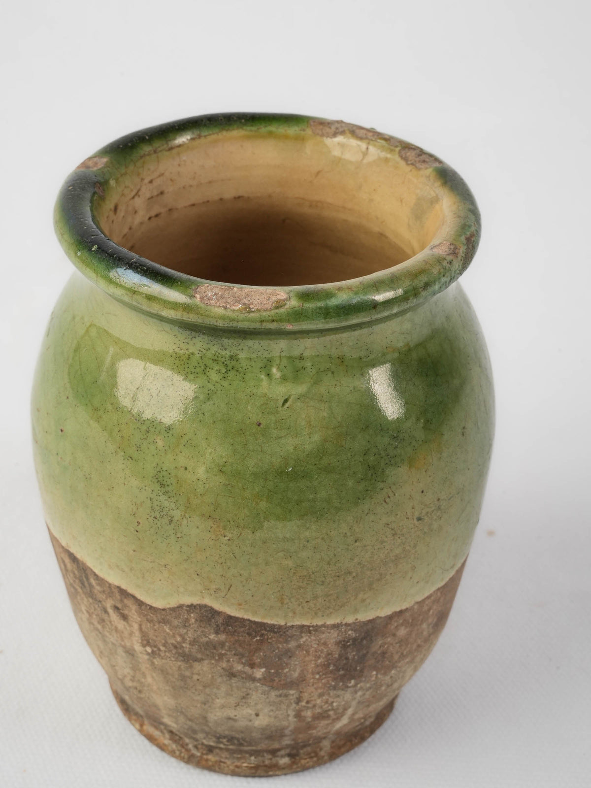 Small Antique French Confit Pot, Half-Glazed in Olive Green  - 5½"