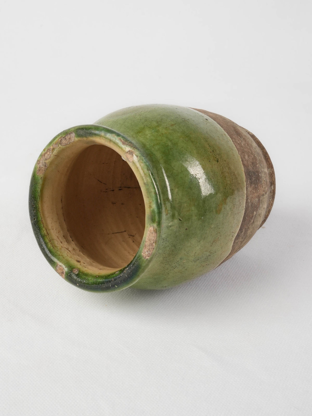 Small Antique French Confit Pot, Half-Glazed in Olive Green  - 5½"