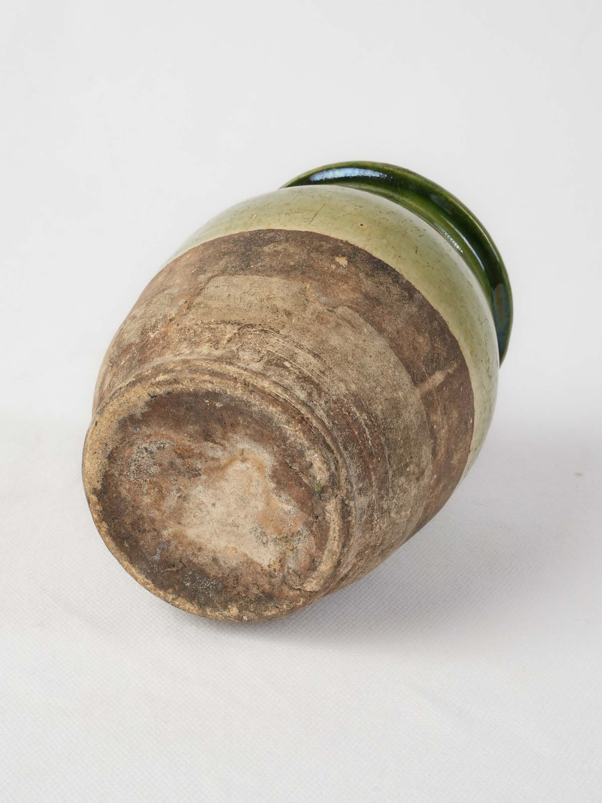 Small Antique French Confit Pot, Half-Glazed in Olive Green  - 5½"