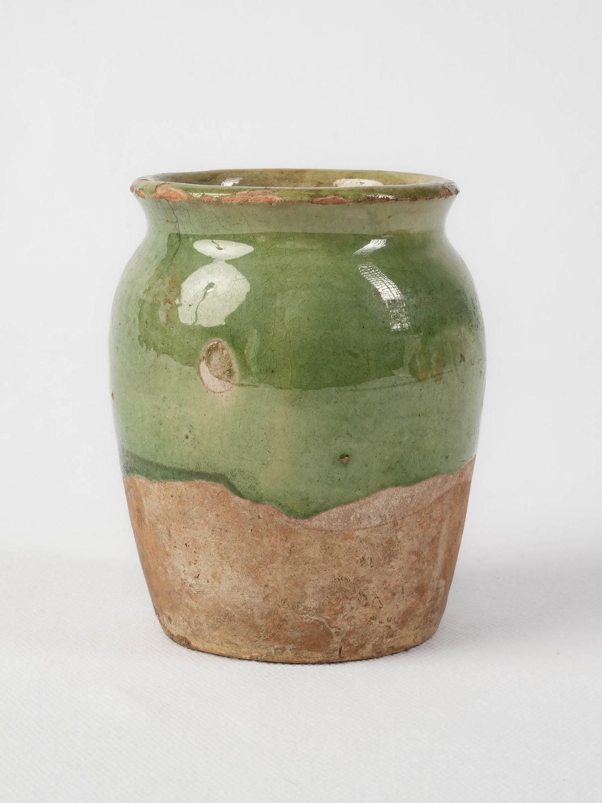 Small Antique French Confit Pot w/ Flowing Green Glaze - 4"
