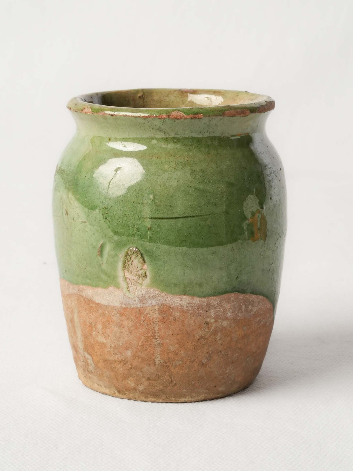 Small Antique French Confit Pot w/ Flowing Green Glaze - 4"