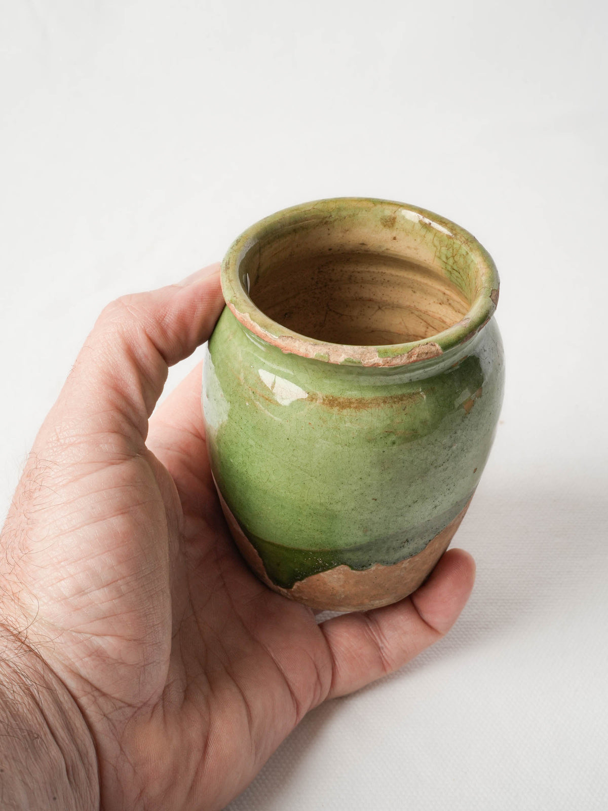Small Antique French Confit Pot w/ Flowing Green Glaze - 4"