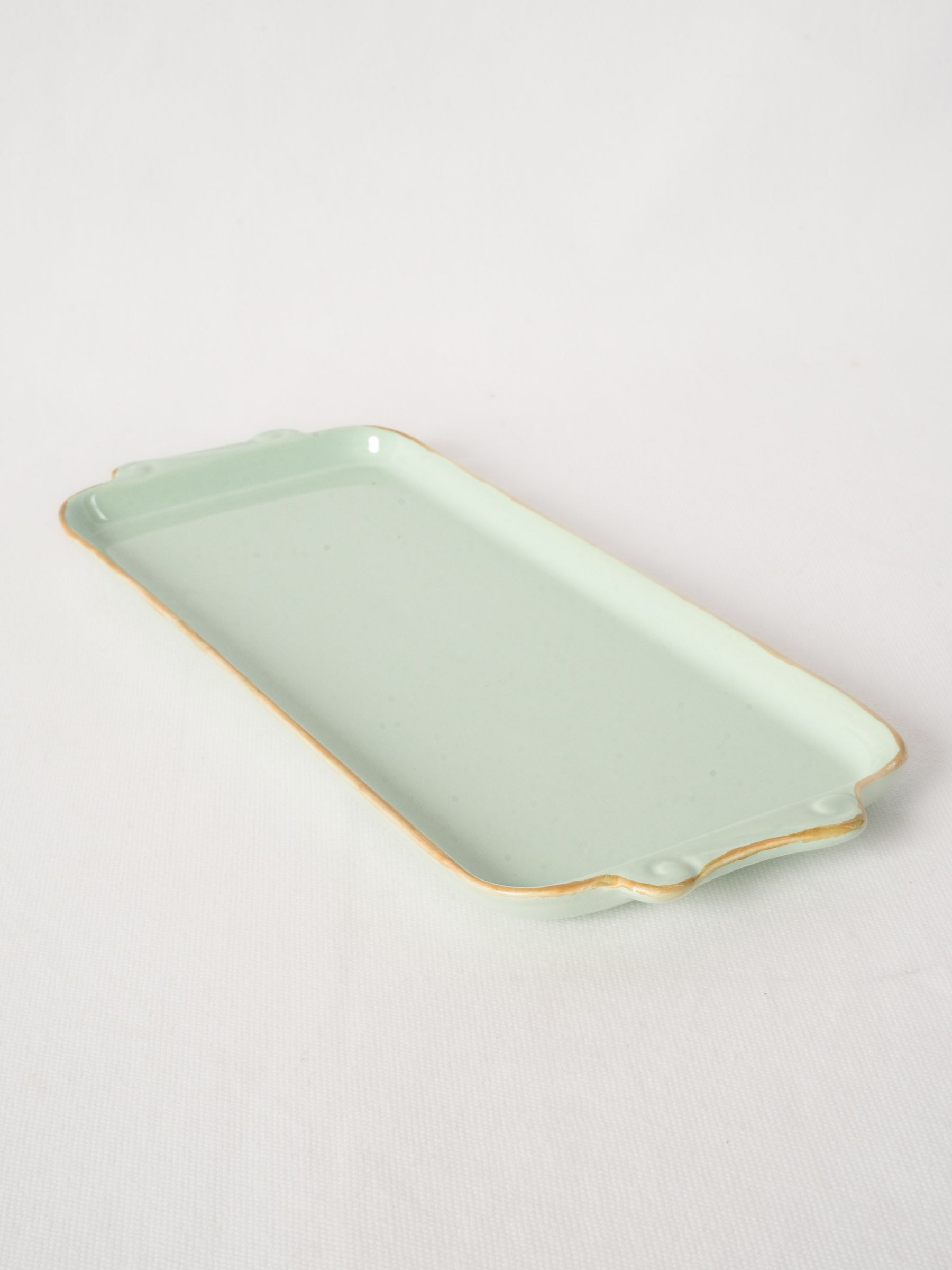 Handmade Ceramic Platter with Celadon Glaze & Brown Rim