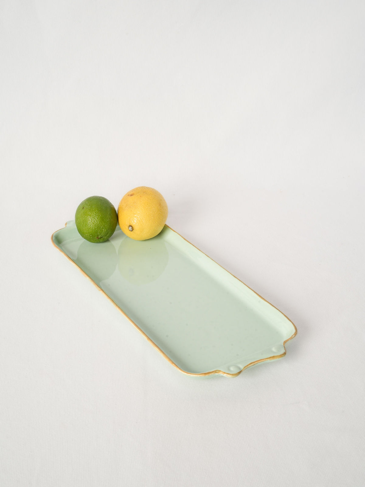 Handmade Ceramic Platter with Celadon Glaze & Brown Rim