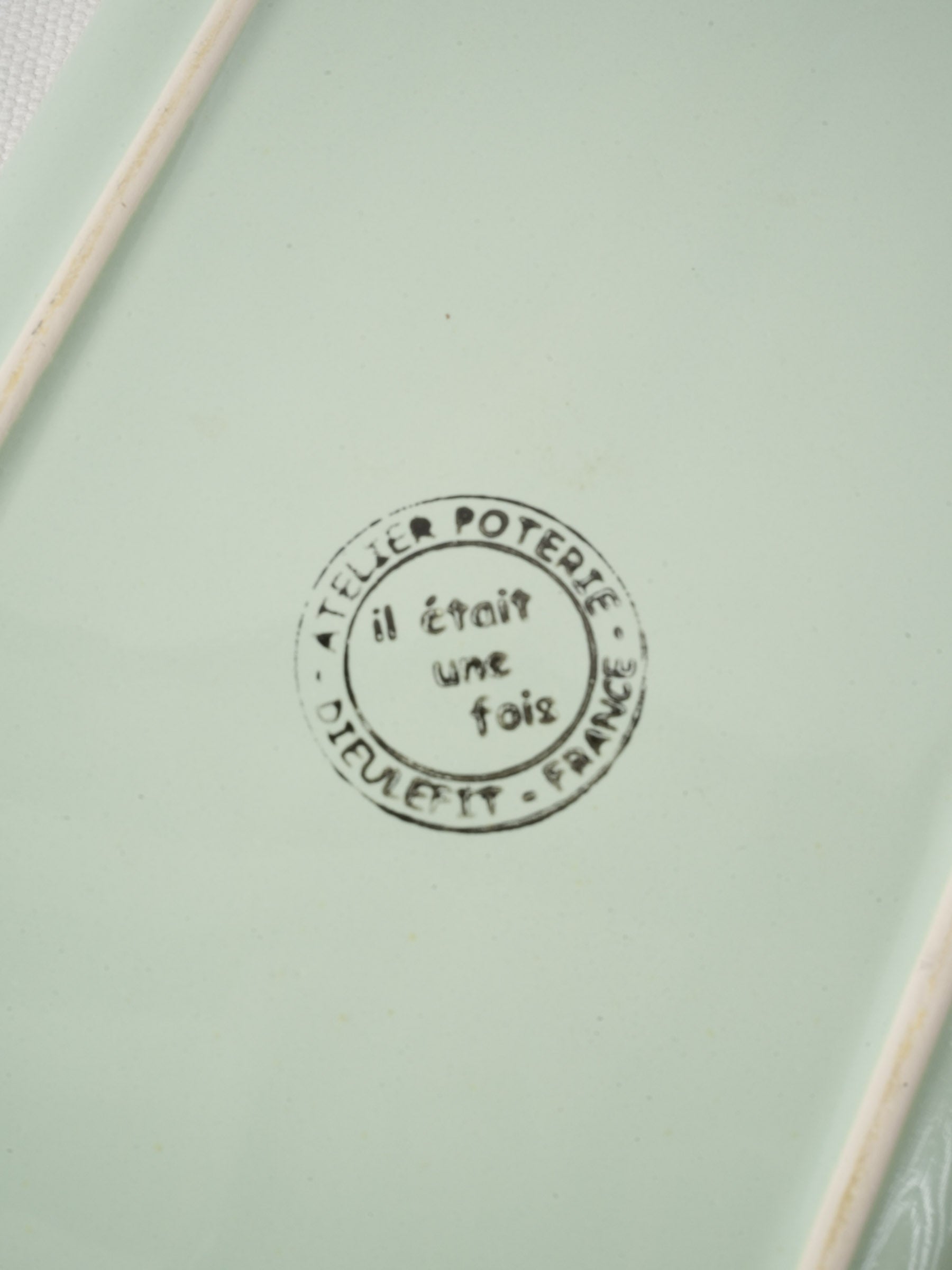 Handmade Ceramic Platter with Celadon Glaze & Brown Rim