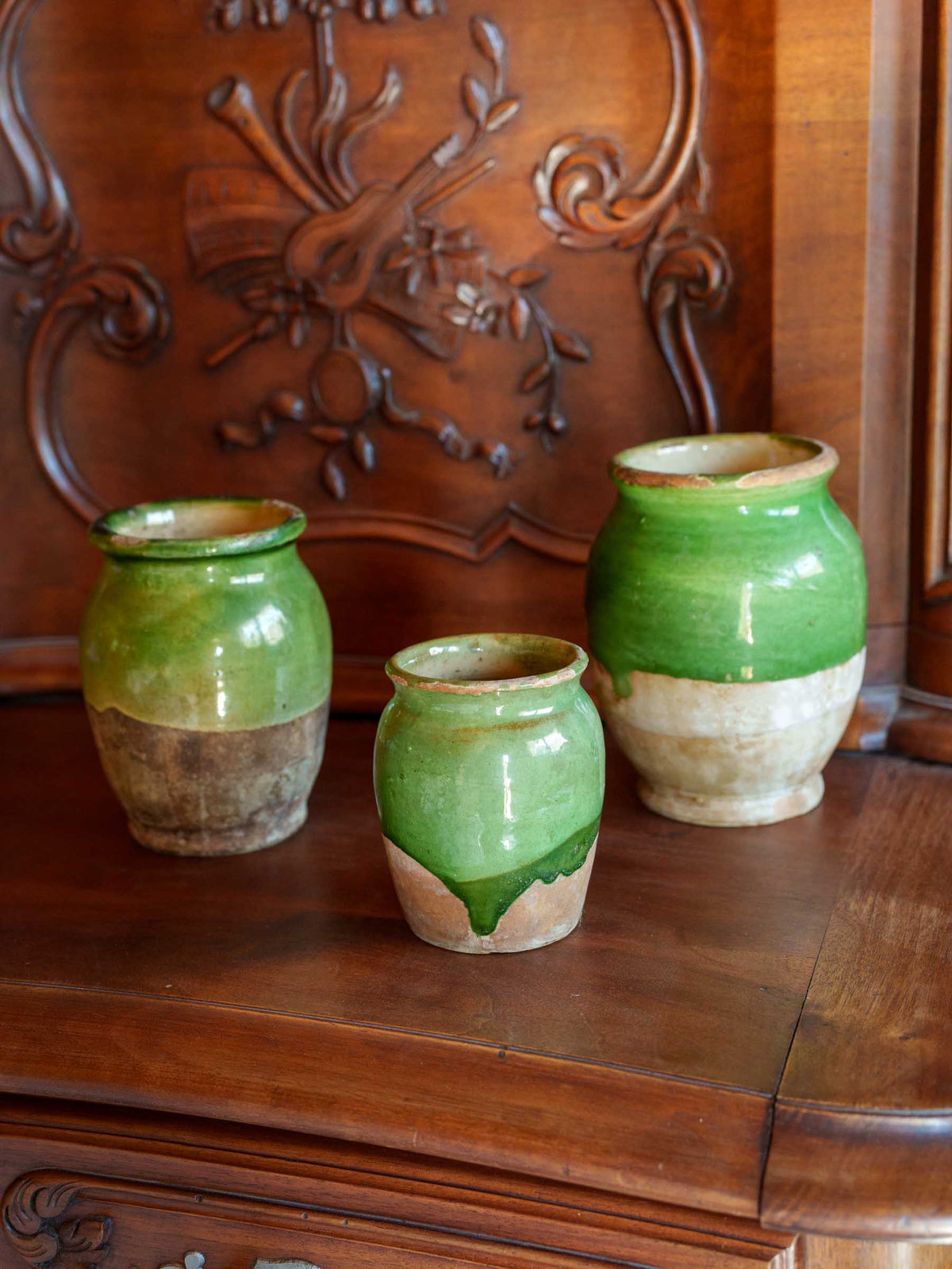 Small Antique French Confit Pot w/ Flowing Green Glaze - 4"