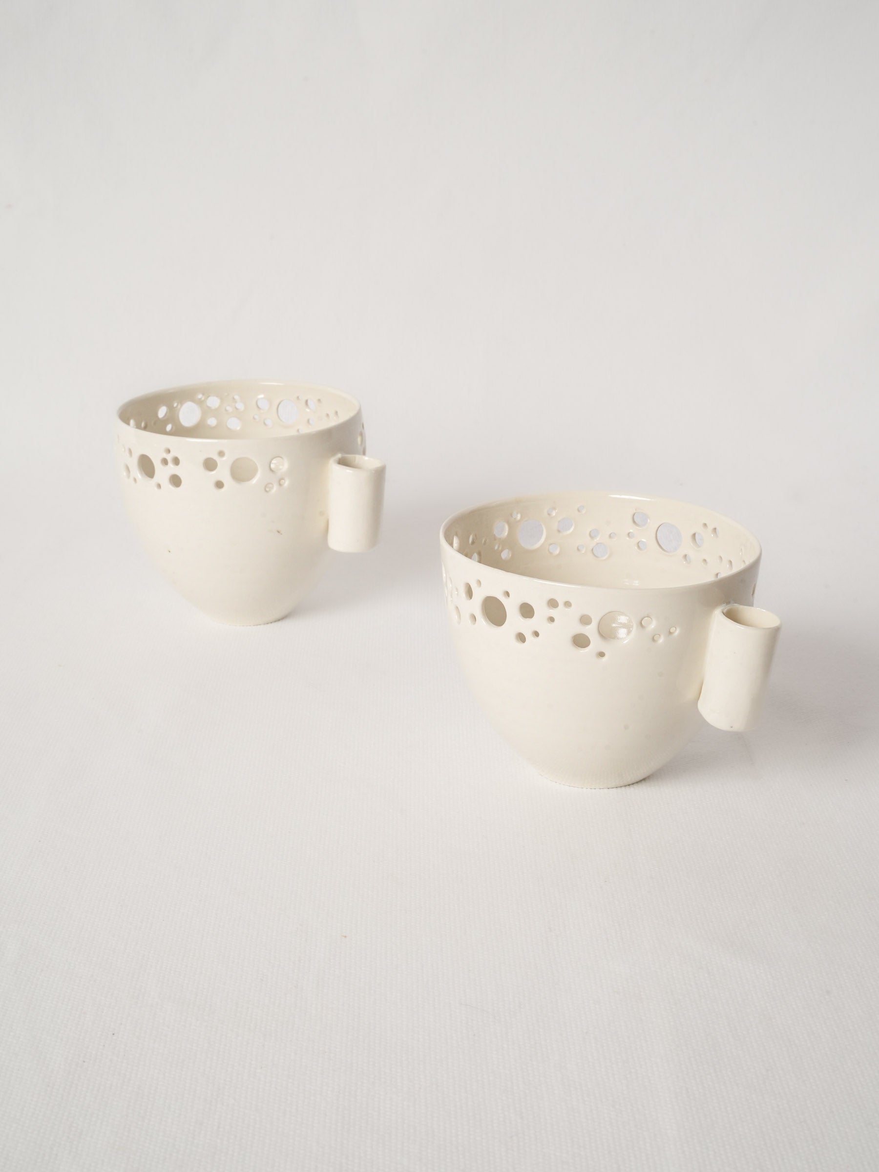 Pair of Handmade Porcelain Olive Bowls with Pierced Rim