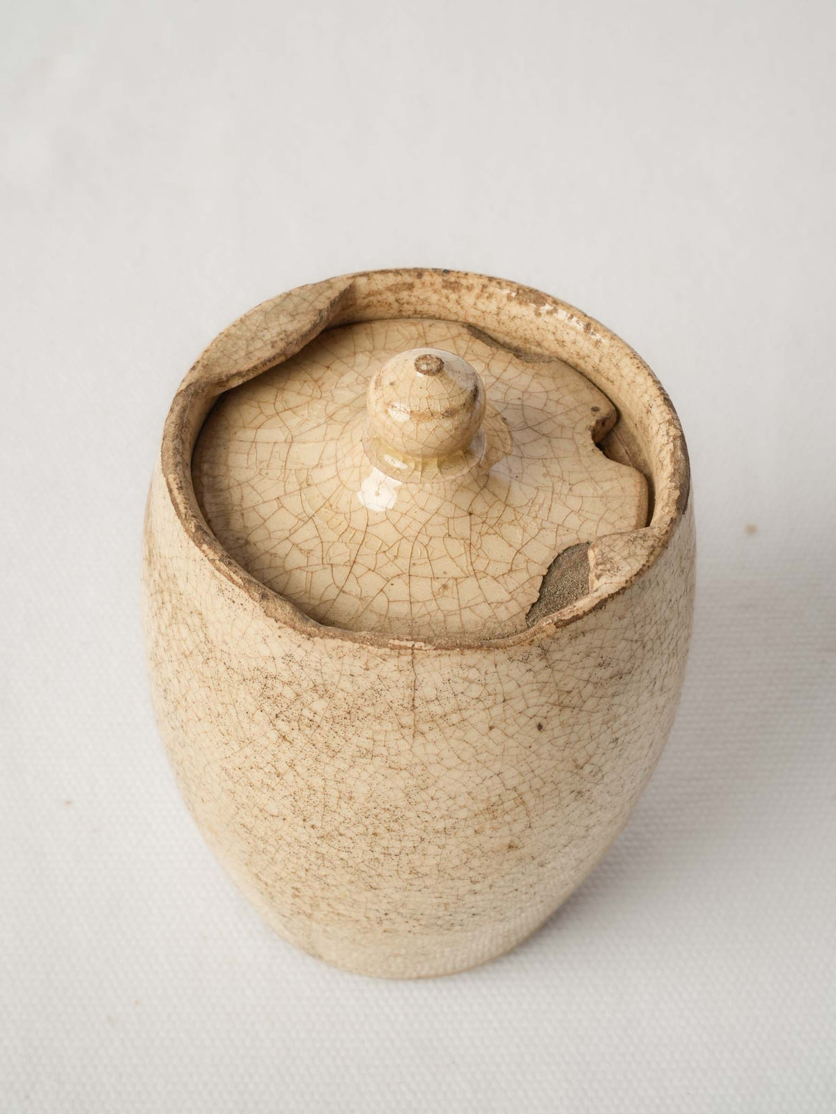 Petite Antique Cream-Glazed Pot with Twist-Lock Lid and Beautiful Crazed Patina - 4¼"