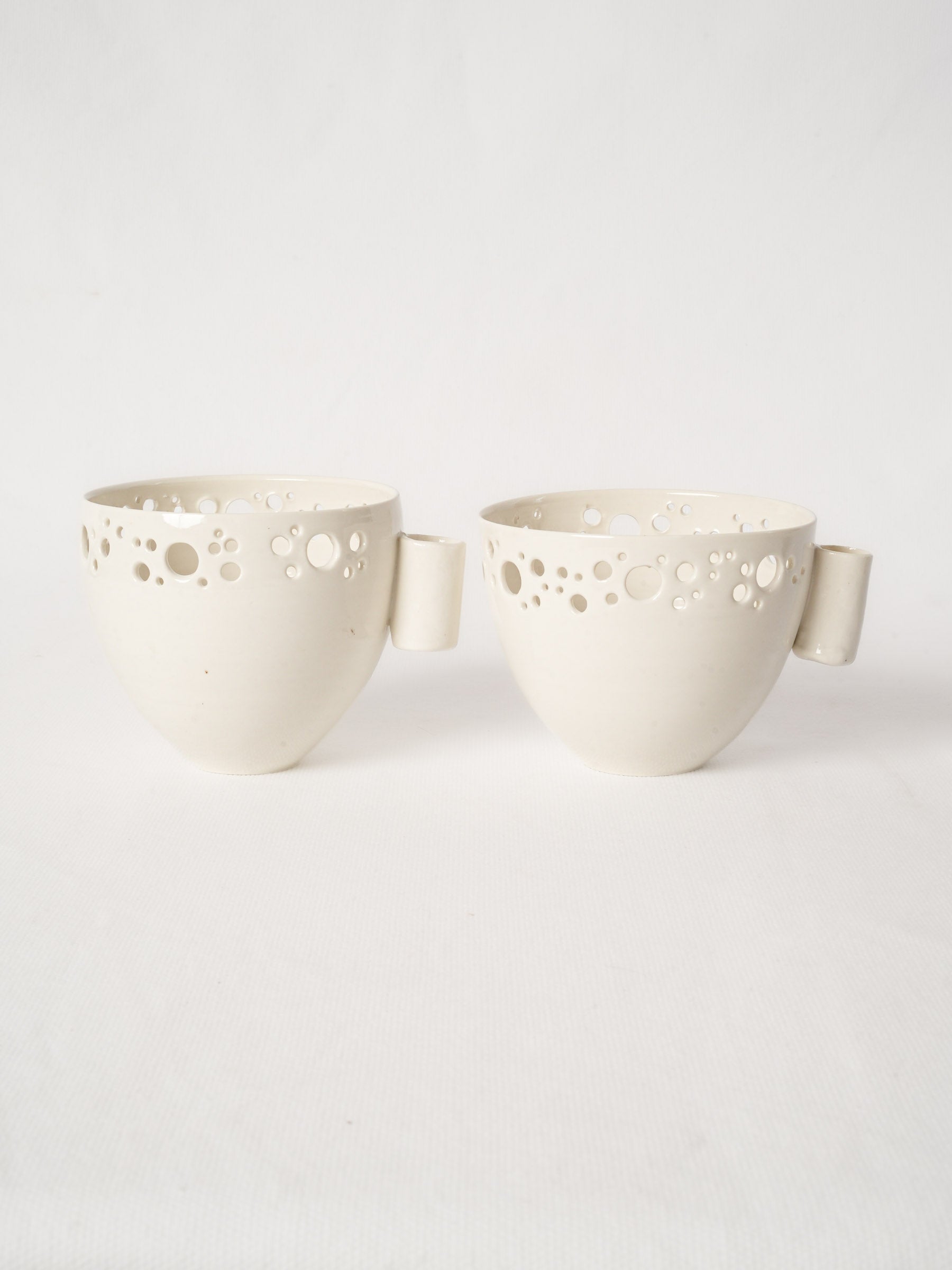 Pair of Handmade Porcelain Olive Bowls with Pierced Rim