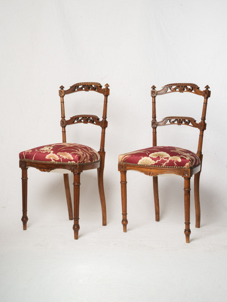 Pair of 19th Century French Walnut Chairs with Silk Upholstery