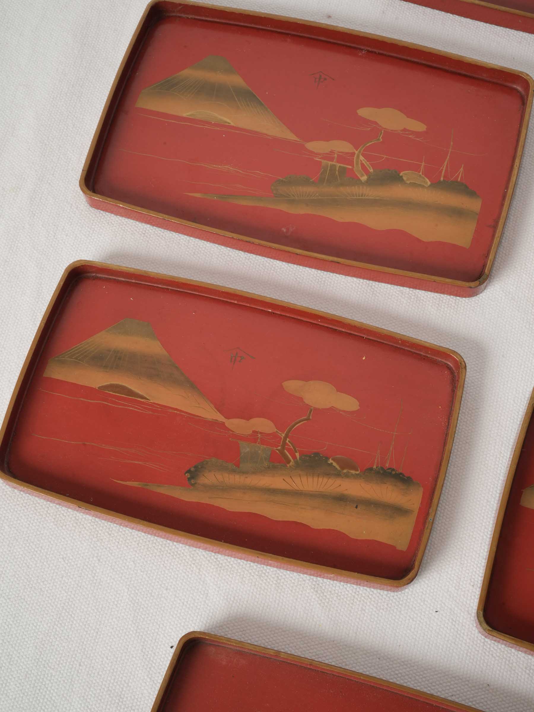 Set of 6 Antique Japanese Lacquer Serving Trays with Gilt Mount Fuji