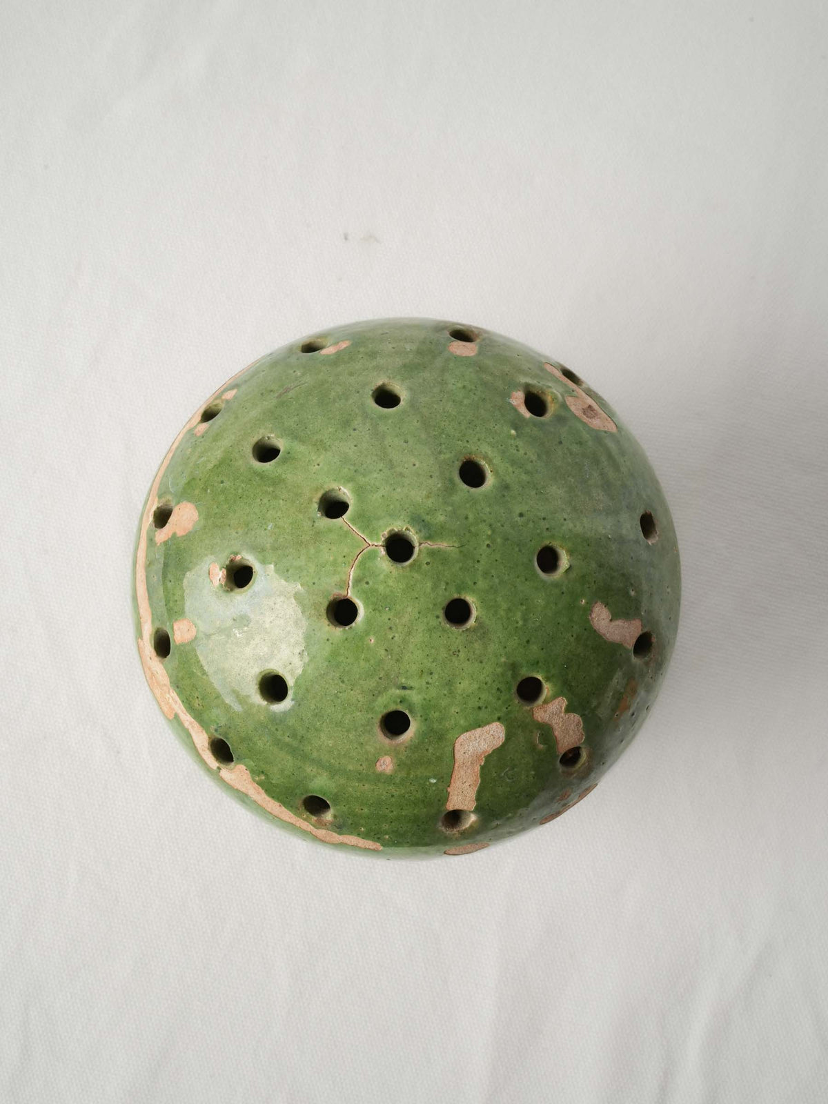 Antique Green-Glazed Earthenware Flower Holder with Rustic Patina - 7½"