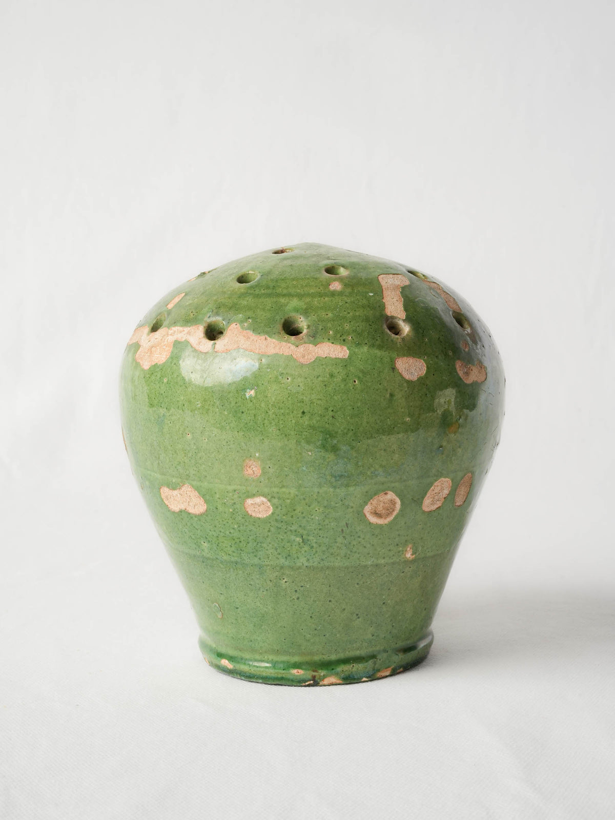 Antique Green-Glazed Earthenware Flower Holder with Rustic Patina - 7½"