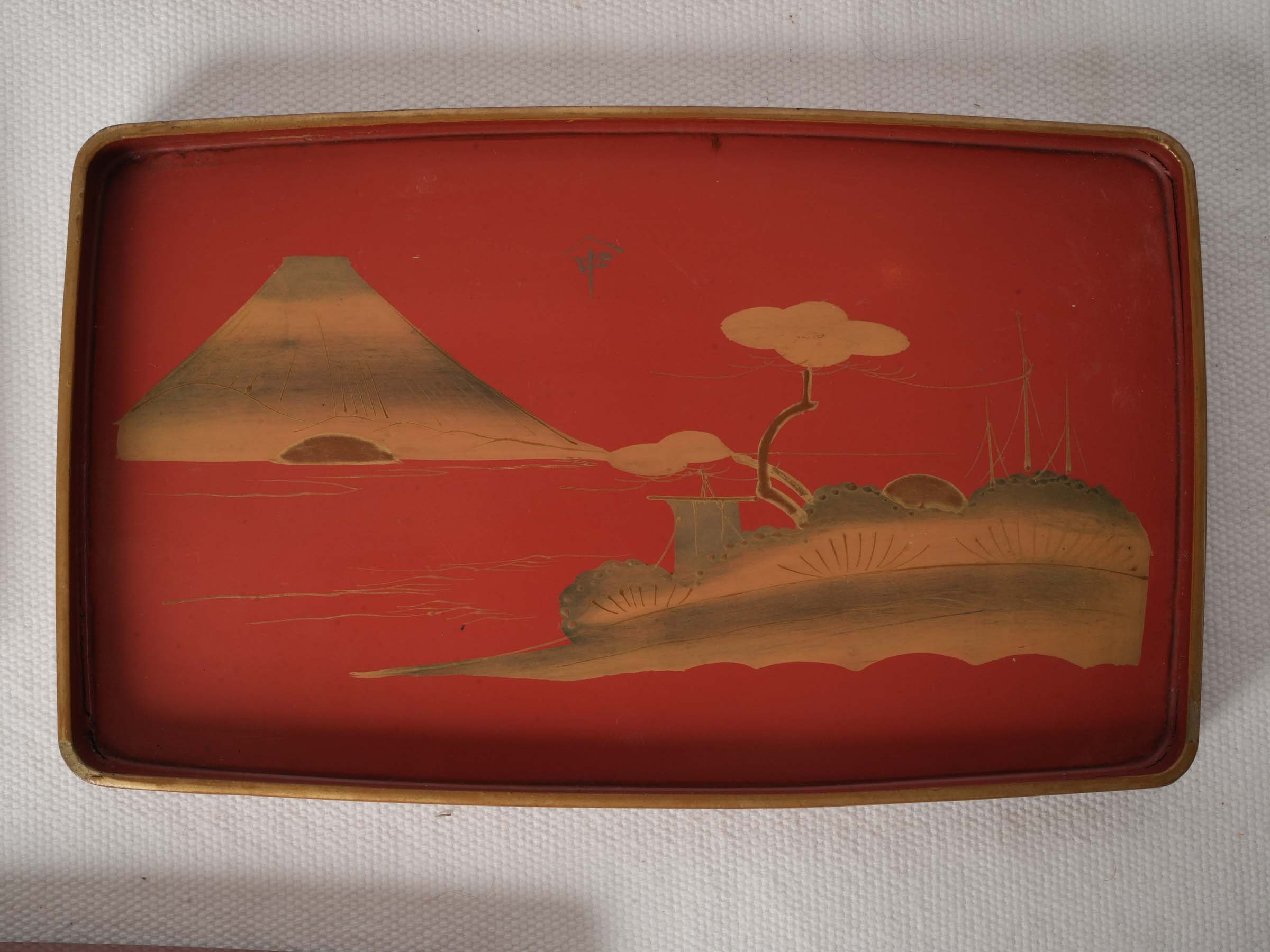 Set of 6 Antique Japanese Lacquer Serving Trays with Gilt Mount Fuji
