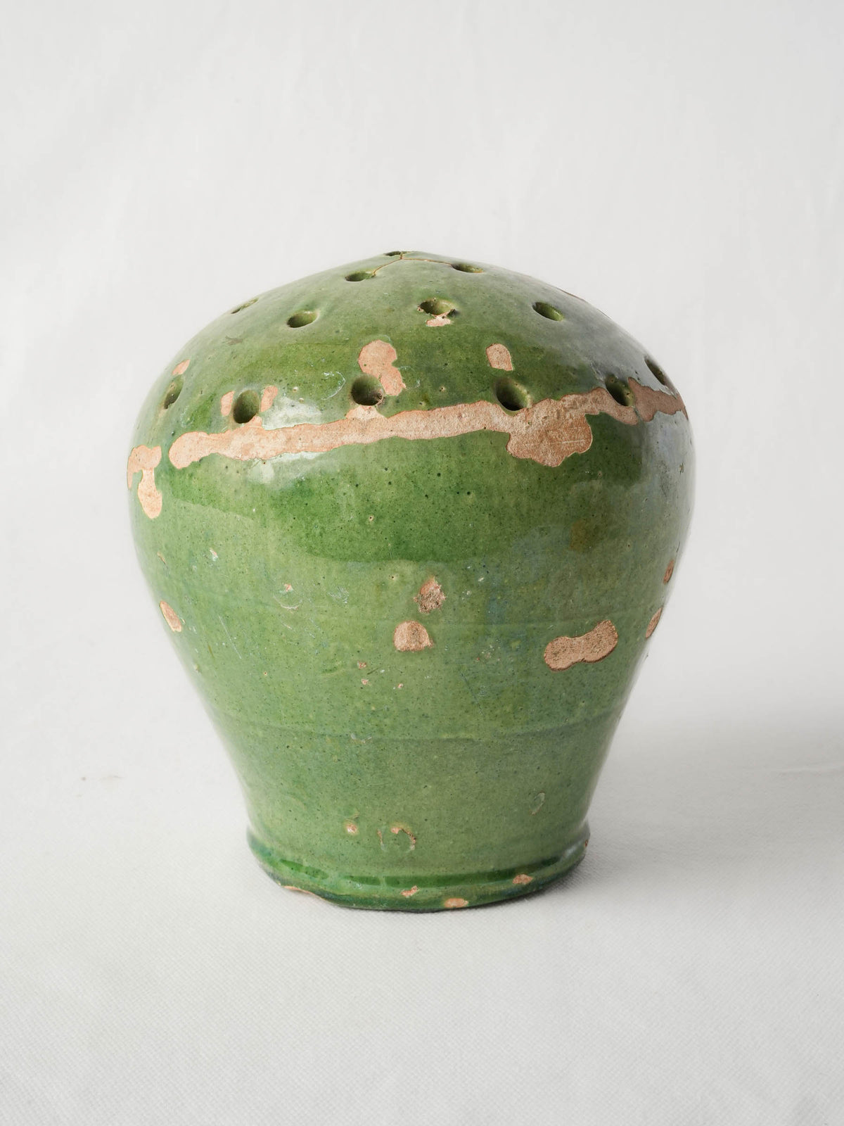 Antique Green-Glazed Earthenware Flower Holder with Rustic Patina - 7½"