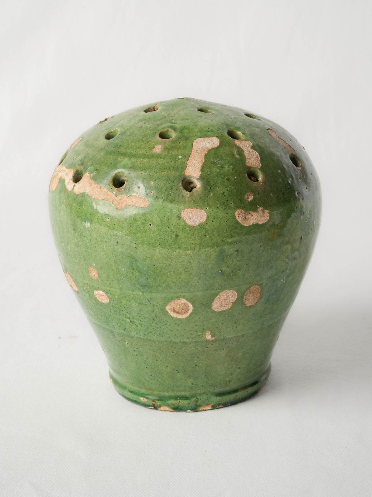Antique Green-Glazed Earthenware Flower Holder with Rustic Patina - 7½"