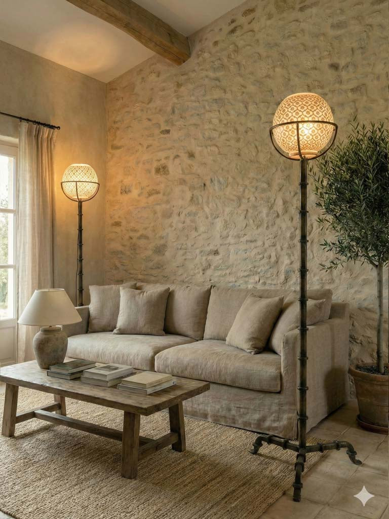 Hand-finished iron torchère floor lamps  