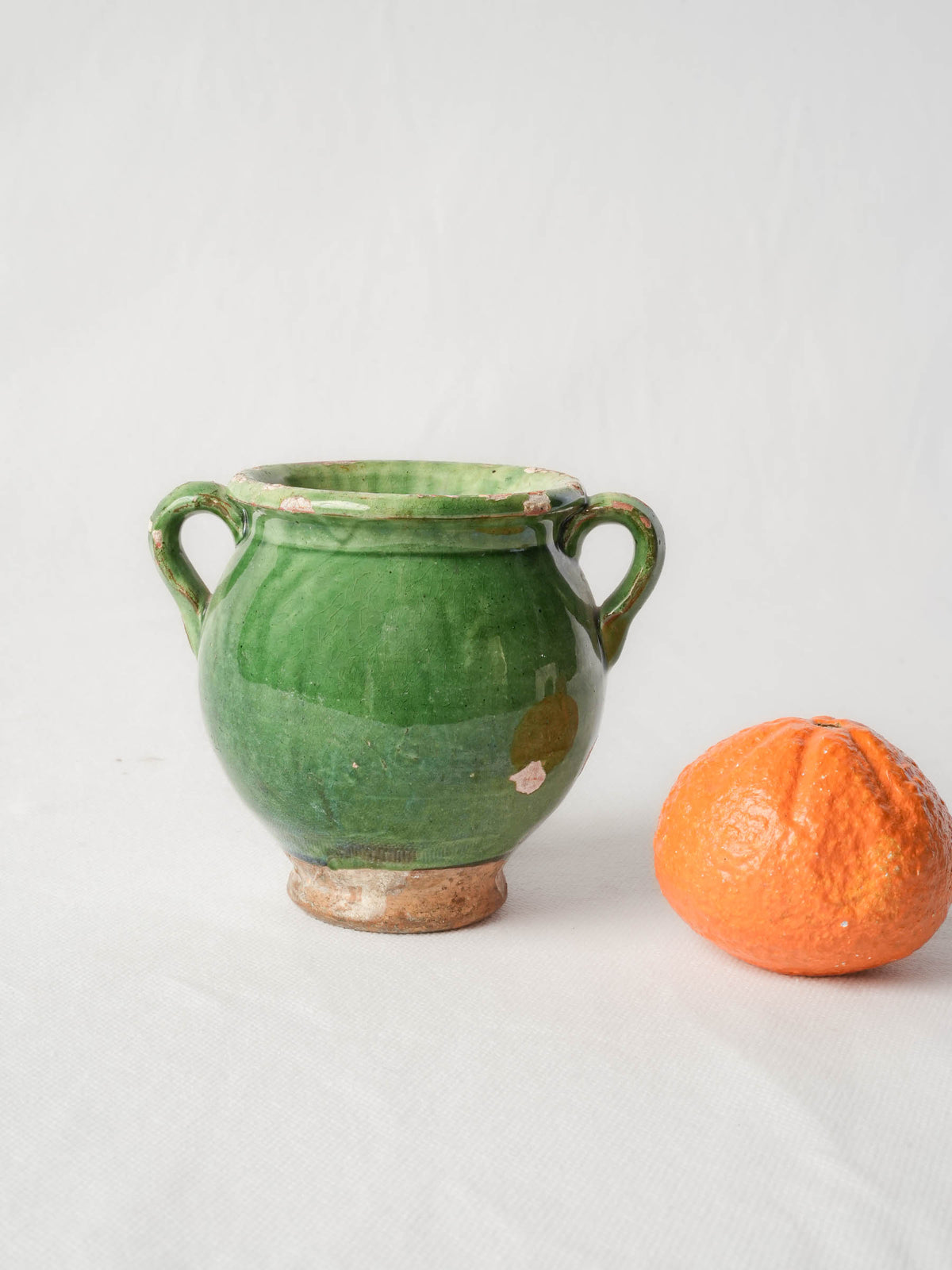 Petite Antique French Green-Glazed Confit Pot with Twin Handles - 4"