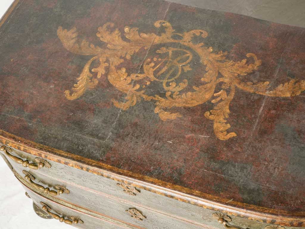 RESERVED AO - Small 18th Century Italian Green Painted Commode w/ Monogrammed Top - 29½" x 45"