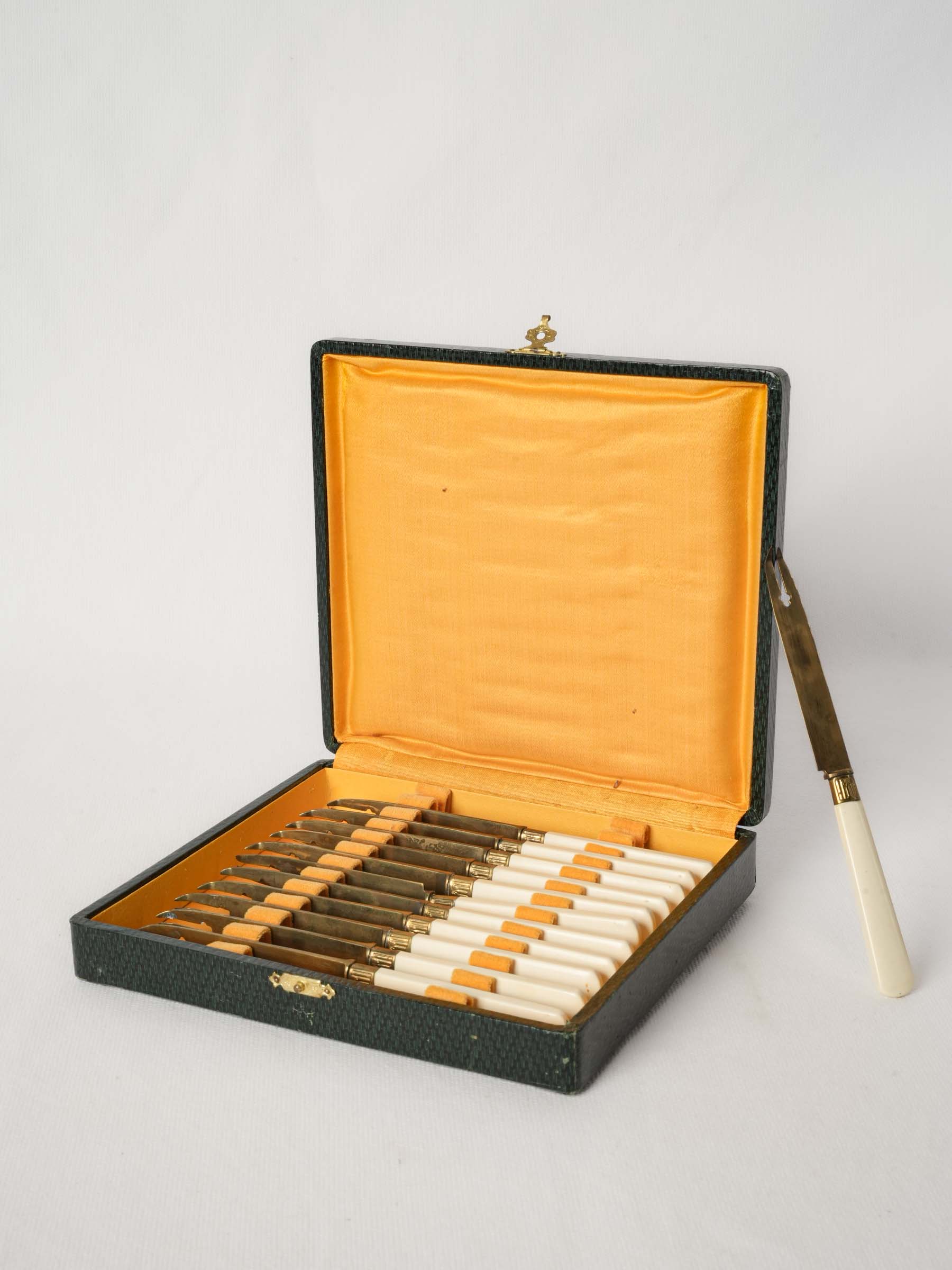 Set of 12 Antique French Table Knives in Green Leatherette Case