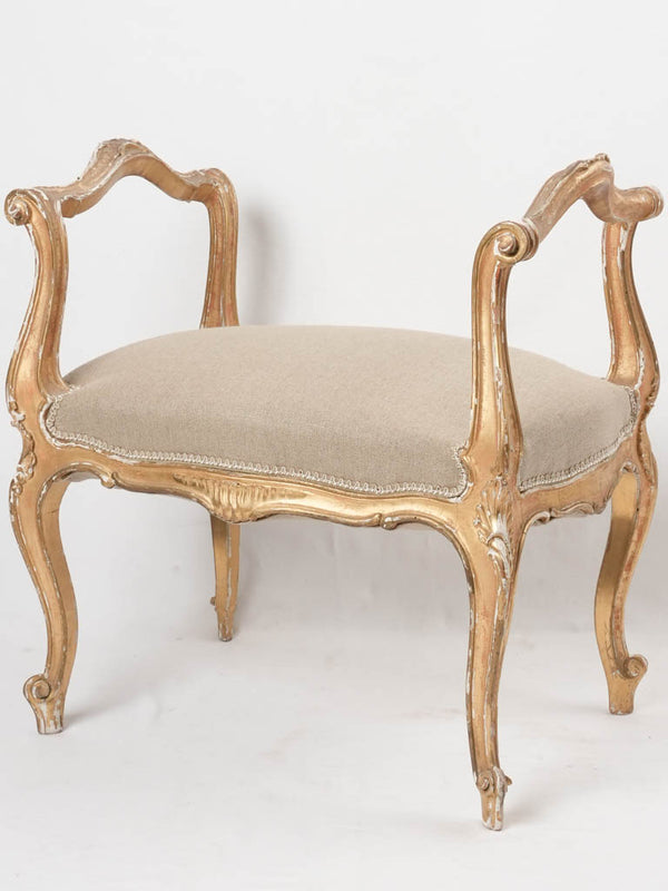 Gilded Napoleon III bench seat w/ linen upholstery 26"